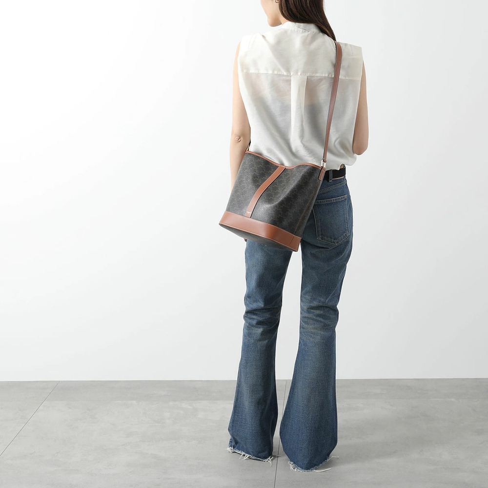 Celine Bucket Shoulder Bag Triomphe Canvas Leather TAN